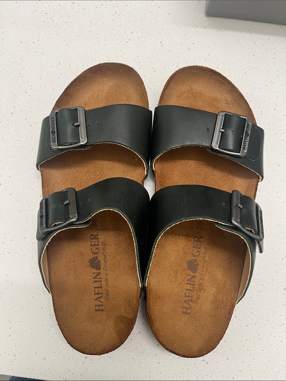Haflinger Dark Green Double-Buckle Slide Sandals